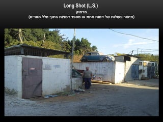 ‫).‪Long Shot (L.S‬‬
                          ‫מרחוק‬
‫(תיאור פעולות של דמות אחת או מספר דמויות בתוך חלל מסויים)‬
 