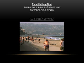 ‫‪Establishing Shot‬‬
‫שוט הממקם (שוט פתוח או בתנועה) את‬
     ‫הסצינה באזור ההתרחשות‬



     ‫לצפייה לחצו כאן‬
 
