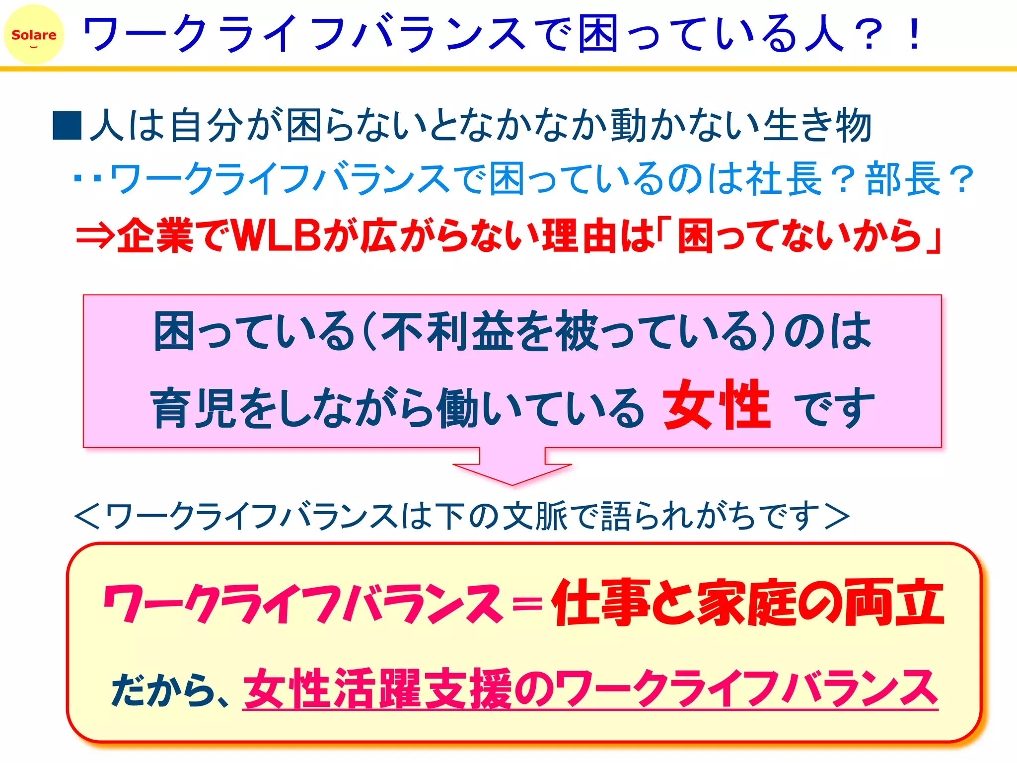 Solare
         ワークライフバランスで困っている人？！
    ■人は自分が困らないとなかなか動かない生き物
     ・・ワークライフバランスで困っているのは社長？部長？
     ⇒企業でＷＬＢが広がらない理由は「困ってないから」

           困っている（不利益を被っている）のは
           育児をしながら働いている    女性 です
         ＜ワークライフバランスは下の文脈で語られがちです＞

          ワークライフバランス＝仕事と家庭の両立
          だから、女性活躍支援のワークライフバランス
 