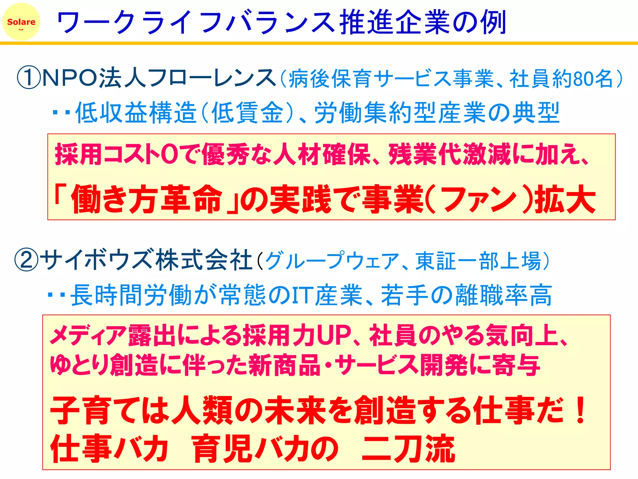 Solare
         ワークライフバランス推進企業の例
 ①ＮＰＯ法人フローレンス（病後保育サービス事業、社員約80名）
  ・・低収益構造（低賃金）、労働集約型産業の典型
         採用コスト０で優秀な人材確保、残業代激減に加え、
         「働き方革命」の実践で事業（ファン）拡大
 ②サイボウズ株式会社（グループウェア、東証一部上場）
  ・・長時間労働が常態のＩＴ産業、若手の離職率高
         メディア露出による採用力ＵＰ、社員のやる気向上、
         ゆとり創造に伴った新商品・サービス開発に寄不
         子育ては人類の未来を創造する仕事だ！
         仕事バカ 育児バカの 二刀流
 