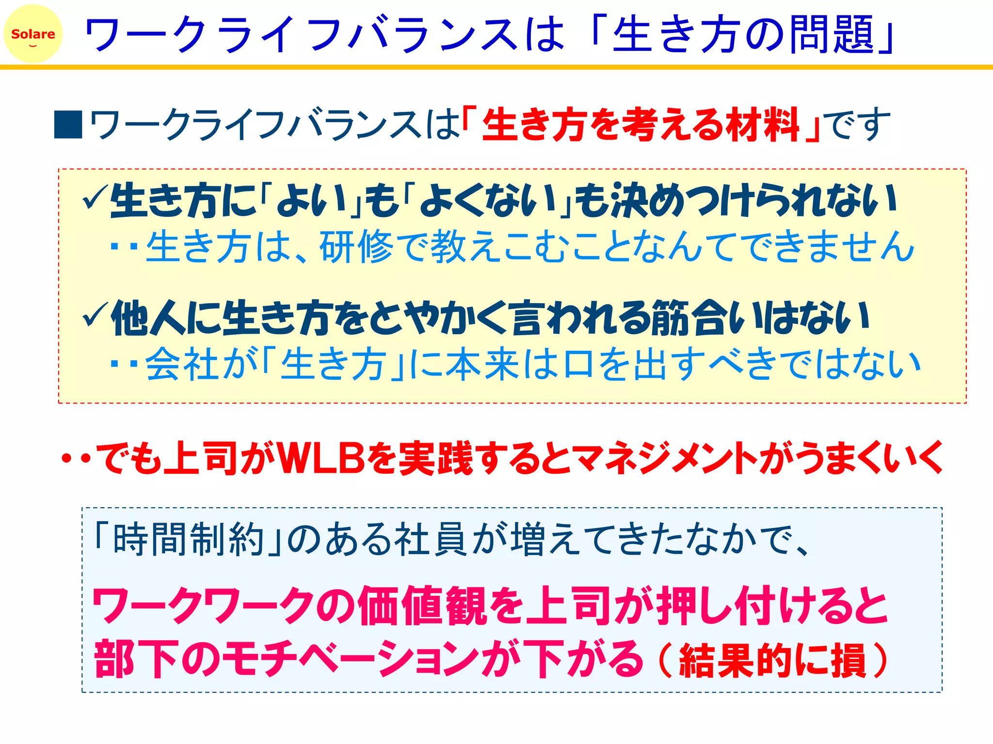 Solare
         ワークライフバランスは「生き方の問題」
     ■ワークライフバランスは「生き方を考える材料」です
         生き方に「よい」も「よくない」も決めつけられない
          ・・生き方は、研修で教えこむことなんてできません
         他人に生き方をとやかく言われる筋合いはない
          ・・会社が「生き方」に本来は口を出すべきではない

         ・・でも上司がＷＬＢを実践するとマネジメントがうまくいく

          「時間制約」のある社員が増えてきたなかで、
          ワークワークの価値観を上司が押し付けると
          部下のモチベーションが下がる （結果的に損）
 