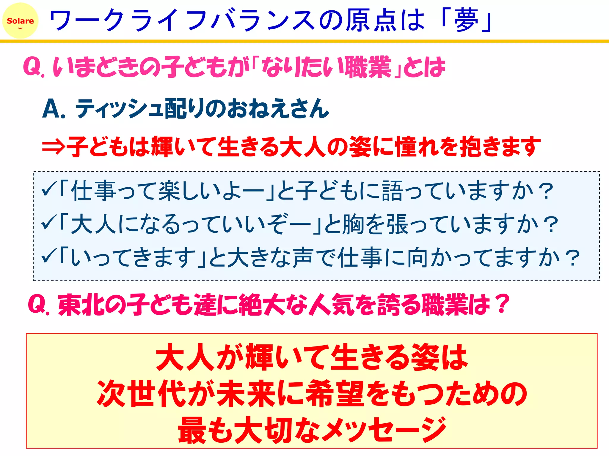 Solare
         ワークライフバランスの原点は「夢」
   Ｑ. いまどきの子どもが「なりたい職業」とは
         Ａ．ティッシュ配りのおねえさん
         ⇒子どもは輝いて生きる大人の姿に憧れを抱きます
         「仕事って楽しいよー」と子どもに語っていますか？
         「大人になるっていいぞー」と胸を張っていますか？
         「いってきます」と大きな声で仕事に向かってますか？
    Ｑ. 東北の子ども達に絶大な人気を誇る職業は？

             大人が輝いて生きる姿は
           次世代が未来に希望をもつための
              最も大切なメッセージ
 