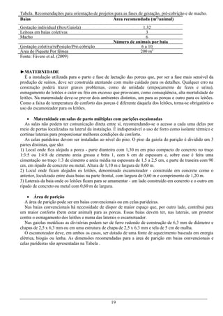 Tabela. Recomendações para orientação de projetos para as fases de gestação, pré-cobrição e de macho.
Baias                                            Área recomendada (m2/animal)
Gestação individual (Box/Gaiola)                                 1,32
Leitoas em baias coletivas                                         3
Macho                                                              6
                                                   Número de animais por baia
Gestação coletiva/rePosição/Pré-cobrição                        6 a 10
Área de Piquete Por fêmea                                      200 m2
Fonte: Fávero et al. (2009)


►MATERNIDADE
   É a instalação utilizada para o parto e fase de lactação das porcas que, por ser a fase mais sensível da
produção de suínos, deve ser construída atentando com muito cuidado para os detalhes. Qualquer erro na
construção poderá trazer graves problemas, como de umidade (empoçamento de fezes e urina),
esmagamento de leitões e calor ou frio em excesso que provocam, como conseqüência, alta mortalidade de
leitões. Na maternidade deve-se prever dois ambientes distintos, um para as porcas e outro para os leitões.
Como a faixa de temperatura de conforto das porcas é diferente daquela dos leitões, torna-se obrigatório o
uso do escamoteador para os leitões.

     Maternidade em salas de parto múltiplas com parições escalonadas
   As salas não podem ter comunicação direta entre si, recomendando-se o acesso a cada uma delas por
meio de portas localizadas na lateral da instalação. É indispensável o uso de forro como isolante térmico e
cortinas laterais para proporcionar melhores condições de conforto.
   As celas parideiras devem ser instaladas ao nível do piso. O piso da gaiola de parição é dividido em 3
partes distintas, que são:
1) Local onde fica alojada a porca - parte dianteira com 1,30 m em piso compacto de concreto no traço
1:3:5 ou 1:4:8 de cimento areia grossa e brita 1, com 6 cm de espessura e, sobre esse é feita uma
cimentação no traço 1:3 de cimento e areia média na espessura de 1,5 a 2,5 cm, e parte de traseira com 90
cm, em ripado de concreto ou metal. Altura de 1,10 m e largura de 0,60 m.
2) Local onde ficam alojados os leitões, denominado escamoteador - construído em concreto como o
anterior, localizado entre duas baias na parte frontal, com largura de 0,60 m e comprimento de 1,20 m.
3) Laterais da baia onde os leitões ficam para se amamentar - um lado construído em concreto e o outro em
ripado de concreto ou metal com 0,60 m de largura.

     Área de parição
   A área de parição pode ser em baias convencionais ou em celas parideiras.
   Nas baias convencionais há necessidade de dispor de maior espaço que, por outro lado, contribui para
um maior conforto (bem estar animal) para as porcas. Essas baias devem ter, nas laterais, um protetor
contra o esmagamento dos leitões e numa das laterais o escamoteador.
   Nas gaiolas metálicas as divisórias podem ser de ferro redondo de construção de 6,3 mm de diâmetro e
chapas de 2,5 x 6,3 mm ou em uma estrutura de chapa de 2,5 x 6,3 mm e tela de 5 cm de malha.
   O escamoteador deve, em ambos os casos, ser dotado de uma fonte de aquecimento baseada em energia
elétrica, biogás ou lenha. As dimensões recomendadas para a área de parição em baias convencionais e
celas parideiras são apresentadas na Tabela .




                                                  19
 