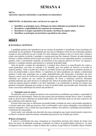SEMANA 4
META:
Apresentar aspectos relacionados a reprodução em suinocultura


OBJETIVOS: Ao final desta aula, você deverá ser capaz de:

      Identificar as principais raças e linhagens de suínos utilizadas na produção de suínos;
      Reconhecer a aplicabilidade dos esquemas de cruzamento;
      Reconhecer os órgãos reprodutivos do macho e da fêmea da espécie suína;
      Identificar as principais características reprodutivas dos suínos.


AULA 1

►MATERIAL GENÉTICO

   A qualidade genética dos reprodutores de um sistema de produção é considerada a base tecnológica de
sustentação de sua produção. O desempenho de uma raça ou linhagem é fruto de sua constituição genética
somada ao meio ambiente em que é criada. Por meio ambiente entende-se não só o local onde o animal é
criado, mas também a nutrição, a sanidade e o manejo geral que lhe é imposto. Portanto, de nada adiantaria
fornecer o melhor ambiente possível para um animal se este não tivesse capacidade genética, ou potencial
genético como é normalmente chamado, de beneficiar-se dos aspectos positivos do meio, em especial a
nutrição e a condição sanitária, para promover o aumento da produtividade.
   Antes de decidir a compra dos reprodutores, o produtor deve observar as especificações dos suínos a
serem produzidos, com base no mercado a ser atendido, pois isso poderá ser decisivo na escolha do
material genético. Toda a escolha deve basear-se em dados técnicos que permitam ao produtor projetar os
níveis de produtividade a serem obtidos. A experiência de outros produtores em relação a determinada
genética é ainda mais importante que os dados disponibilizados pelo fornecedor. O produtor não deve
esquecer, nesses casos, de verificar as condições de criação que estão sendo observadas e aquelas que serão
oferecidas aos animais em seu sistema de produção, de forma a minimizar possíveis interações
genótipo/ambiente que serão decisivas na obtenção dos índices de produtividade. O acompanhamento pós
venda do material genético também é um fator importante a ser considerado na decisão de compra, pois
garantirá orientação adequada para atingir as metas de produtividade, preconizadas pelo fornecedor, bem
como a necessária substituição de animais não produtivos.

     Principais raças de suínos
   Por definição, raça é o conjunto de animais com características semelhantes que tenham a capacidade de
transmiti-las aos descendentes. Dentro de uma mesma raça encontramos animais bons e ruins e, na prática,
pode-se observar que a diferença de produtividade entre estes indivíduos pode ser até mais expressiva do
que a diferença entre algumas raças.
   Existem certas raças que se sobressaem em produtividade, produção de carne e precocidade reprodutiva,
e existem outras que, ainda que precoces, têm a conformação e peso menos adequados, com produção de
menores leitegadas. Com o estudo das raças podemos conhecer seus defeitos e qualidades para produção e
cruzamentos na suinocultura.
   Assim sendo, será realizada uma descrição das raças estrangeiras que sejam numericamente expressivas
no Brasil e as demais serão brevemente comentadas pelo processo de extinção que sofrem.

►Raças estrangeiras
   É notável a contribuição das raças estrangeiras na suinocultura nacional, pela seleção de muitos anos
feitas em países de adiantada tecnologia, resultando em índices de produtividade expressivos. As raças
estrangeiras mais conhecidas e criadas no Brasil são: Landrace, Large White ou Yorkshire, Duroc, Pietrain,

                                                  22
 