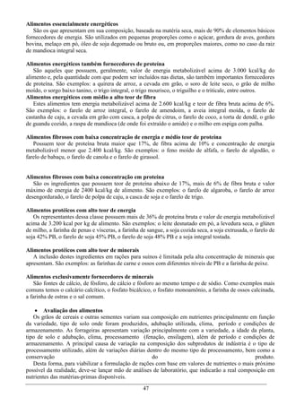 Alimentos essencialmente energéticos
   São os que apresentam em sua composição, baseada na matéria seca, mais de 90% de elementos básicos
fornecedores de energia. São utilizados em pequenas proporções como o açúcar, gordura de aves, gordura
bovina, melaço em pó, óleo de soja degomado ou bruto ou, em proporções maiores, como no caso da raiz
de mandioca integral seca.

Alimentos energéticos também fornecedores de proteína
   São aqueles que possuem, geralmente, valor de energia metabolizável acima de 3.000 kcal/kg do
alimento e, pela quantidade com que podem ser incluídos nas dietas, são também importantes fornecedores
de proteína. São exemplos: a quirera de arroz, a cevada em grão, o soro de leite seco, o grão de milho
moído, o sorgo baixo tanino, o trigo integral, o trigo mourisco, o triguilho e o triticale, entre outros.
Alimentos energéticos com médio a alto teor de fibra
   Estes alimentos tem energia metabolizável acima de 2.600 kcal/kg e teor de fibra bruta acima de 6%.
São exemplos: o farelo de arroz integral, o farelo de amendoim, a aveia integral moída, o farelo de
castanha de caju, a cevada em grão com casca, a polpa de citrus, o farelo de coco, a torta de dendê, o grão
de guandu cozido, a raspa de mandioca (de onde foi extraído o amido) e o milho em espiga com palha.

Alimentos fibrosos com baixa concentração de energia e médio teor de proteína
   Possuem teor de proteína bruta maior que 17%, de fibra acima de 10% e concentração de energia
metabolizável menor que 2.400 kcal/kg. São exemplos: o feno moído de alfafa, o farelo de algodão, o
farelo de babaçu, o farelo de canola e o farelo de girassol.


Alimentos fibrosos com baixa concentração em proteína
   São os ingredientes que possuem teor de proteína abaixo de 17%, mais de 6% de fibra bruta e valor
máximo de energia de 2400 kcal/kg de alimento. São exemplos: o farelo de algaroba, o farelo de arroz
desengordurado, o farelo de polpa de caju, a casca de soja e o farelo de trigo.

Alimentos protéicos com alto teor de energia
   Os representantes dessa classe possuem mais de 36% de proteína bruta e valor de energia metabolizável
acima de 3.200 kcal por kg de alimento. São exemplos: o leite desnatado em pó, a levedura seca, o glúten
de milho, a farinha de penas e vísceras, a farinha de sangue, a soja cozida seca, a soja extrusada, o farelo de
soja 42% PB, o farelo de soja 45% PB, o farelo de soja 48% PB e a soja integral tostada.

Alimentos protéicos com alto teor de minerais
   A inclusão destes ingredientes em rações para suínos é limitada pela alta concentração de minerais que
apresentam. São exemplos: as farinhas de carne e ossos com diferentes níveis de PB e a farinha de peixe.

Alimentos exclusivamente fornecedores de minerais
    São fontes de cálcio, de fósforo, de cálcio e fósforo ao mesmo tempo e de sódio. Como exemplos mais
comuns temos o calcário calcítico, o fosfato bicálcico, o fosfato monoamônio, a farinha de ossos calcinada,
a farinha de ostras e o sal comum.

     Avaliação dos alimentos
   Os grãos de cereais e outras sementes variam sua composição em nutrientes principalmente em função
da variedade, tipo de solo onde foram produzidos, adubação utilizada, clima, período e condições de
armazenamento. As forrageiras apresentam variação principalmente com a variedade, a idade da planta,
tipo de solo e adubação, clima, processamento (fenação, ensilagem), além de período e condições de
armazenamento. A principal causa de variação na composição dos subprodutos de indústria é o tipo de
processamento utilizado, além de variações diárias dentro do mesmo tipo de processamento, bem como a
conservação                                          do                                          produto.
   Desta forma, para viabilizar a formulação de rações com base em valores de nutrientes o mais próximo
possível da realidade, deve-se lançar mão de análises de laboratório, que indicarão a real composição em
nutrientes das matérias-primas disponíveis.

                                                    47
 