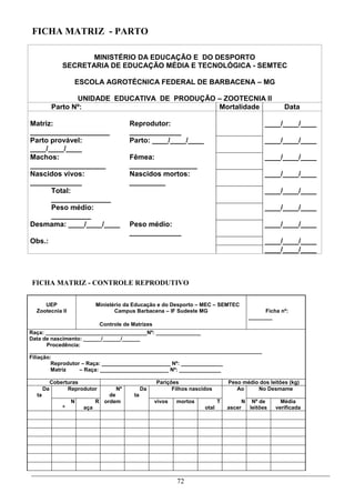 FICHA MATRIZ - PARTO

                       MINISTÉRIO DA EDUCAÇÃO E DO DESPORTO
                SECRETARIA DE EDUCAÇÃO MÉDIA E TECNOLÓGICA - SEMTEC

                    ESCOLA AGROTÉCNICA FEDERAL DE BARBACENA – MG

                   UNIDADE EDUCATIVA DE PRODUÇÃO – ZOOTECNIA II
            Parto Nº:                            Mortalidade                                            Data

Matriz:                                   Reprodutor:                                           ____/____/____
____________________                      _____________
Parto provável:                           Parto: ____/____/____                                 ____/____/____
____/____/____
Machos:                                   Fêmea:                                                ____/____/____
___________________                       _________________
Nascidos vivos:                           Nascidos mortos:                                      ____/____/____
_____________                             _________
      Total:                                                                                    ____/____/____
      _______________
      Peso médio:                                                                               ____/____/____
      __________
Desmama: ____/____/____                   Peso médio:                                           ____/____/____
                                          _____________
Obs.:                                                                                           ____/____/____
                                                                                                ____/____/____



FICHA MATRIZ - CONTROLE REPRODUTIVO

     UEP                      Ministério da Educação e do Desporto – MEC – SEMTEC
  Zootecnia II                       Campus Barbacena – IF Sudeste MG                           Ficha nº:
                                                                                          ________
                               Controle de Matrizes
Raça: __________________________________Nº: _______________
Data de nascimento: ______/______/______
       Procedência:
______________________________________________________________________________
Filiação:
         Reprodutor – Raça: _______________________ Nº: ______________
         Matriz    – Raça: _______________________ Nº: ______________

            Coberturas                                Parições                     Peso médio dos leitões (kg)
       Da         Reprodutor         Nº          Da         Filhos nascidos           Ao     No Desmame
  ta                              de        ta
                    N         R ordem                 vivos   mortos           T        N Nº de       Média
                º       aça                                             otal       ascer  leitões   verificada




                                                              72
 