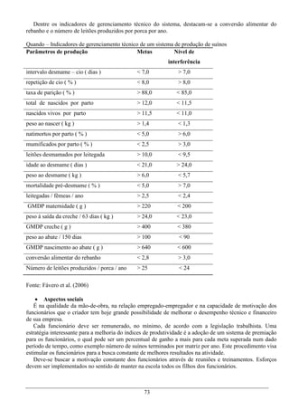 Dentre os indicadores de gerenciamento técnico do sistema, destacam-se a conversão alimentar do
rebanho e o número de leitões produzidos por porca por ano.

Quando – Indicadores de gerenciamento técnico de um sistema de produção de suínos
Parâmetros de produção                      Metas           Nível de
                                                           interferência
intervalo desmame – cio ( dias )              < 7,0            > 7,0
repetição de cio ( % )                        < 8,0            > 8,0
taxa de parição ( % )                         > 88,0           < 85,0
total de nascidos por parto                   > 12,0           < 11,5
nascidos vivos por parto                      > 11,5           < 11,0
peso ao nascer ( kg )                         > 1,4            < 1,3
natimortos por parto ( % )                    < 5,0            > 6,0
mumificados por parto ( % )                   < 2,5            > 3,0
leitões desmamados por leitegada              > 10,0           < 9,5
idade ao desmame ( dias )                     < 21,0           > 24,0
peso ao desmame ( kg )                        > 6,0            < 5,7
mortalidade pré-desmame ( % )                 < 5,0            > 7,0
leitegadas / fêmeas / ano                     > 2,5            < 2,4
GMDP maternidade ( g )                        > 220            < 200
peso à saída da creche / 63 dias ( kg )       > 24,0           < 23,0
GMDP creche ( g )                             > 400            < 380
peso ao abate / 150 dias                      > 100             < 90
GMDP nascimento ao abate ( g )                > 640            < 600
conversão alimentar do rebanho                < 2,8            > 3,0
Número de leitões produzidos / porca / ano    > 25              < 24

Fonte: Fávero et al. (2006)

     Aspectos sociais
    É na qualidade da mão-de-obra, na relação empregado-empregador e na capacidade de motivação dos
funcionários que o criador tem hoje grande possibilidade de melhorar o desempenho técnico e financeiro
de sua empresa.
    Cada funcionário deve ser remunerado, no mínimo, de acordo com a legislação trabalhista. Uma
estratégia interessante para a melhoria do índices de produtividade é a adoção de um sistema de premiação
para os funcionários, o qual pode ser um percentual de ganho a mais para cada meta superada num dado
período de tempo, como exemplo número de suínos terminados por matriz por ano. Este procedimento visa
estimular os funcionários para a busca constante de melhores resultados na atividade.
    Deve-se buscar a motivação constante dos funcionários através de reuniões e treinamentos. Esforços
devem ser implementados no sentido de manter na escola todos os filhos dos funcionários.



                                                 73
 