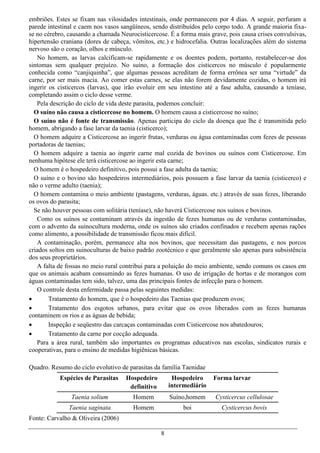 embriões. Estes se fixam nas vilosidades intestinais, onde permanecem por 4 dias. A seguir, perfuram a
parede intestinal e caem nos vasos sangüíneos, sendo distribuídos pelo corpo todo. A grande maioria fixa-
se no cérebro, causando a chamada Neurocisticercose. É a forma mais grave, pois causa crises convulsivas,
hipertensão craniana (dores de cabeça, vômitos, etc.) e hidrocefalia. Outras localizações além do sistema
nervoso são o coração, olhos e músculo.
   No homem, as larvas calcificam-se rapidamente e os doentes podem, portanto, restabelecer-se dos
sintomas sem qualquer prejuízo. No suíno, a formação dos cisticercos no músculo é popularmente
conhecida como “canjiquinha”, que algumas pessoas acreditam de forma errônea ser uma “virtude” da
carne, por ser mais macia. Ao comer estas carnes, se elas não forem devidamente cozidas, o homem irá
ingerir os cisticercos (larvas), que irão evoluir em seu intestino até a fase adulta, causando a teníase,
completando assim o ciclo desse verme.
   Pela descrição do ciclo de vida deste parasita, podemos concluir:
  O suíno não causa a cisticercose no homem. O homem causa a cisticercose no suíno;
  O suíno não é fonte de transmissão. Apenas participa do ciclo da doença que lhe é transmitida pelo
homem, abrigando a fase larvar da taenia (cisticerco);
  O homem adquire a Cisticercose ao ingerir frutas, verduras ou água contaminadas com fezes de pessoas
portadoras de taenias;
  O homem adquire a taenia ao ingerir carne mal cozida de bovinos ou suínos com Cisticercose. Em
nenhuma hipótese ele terá cisticercose ao ingerir esta carne;
  O homem é o hospedeiro definitivo, pois possui a fase adulta da taenia;
  O suíno e o bovino são hospedeiros intermediários, pois possuem a fase larvar da taenia (cisticerco) e
não o verme adulto (taenia);
  O homem contamina o meio ambiente (pastagens, verduras, águas. etc.) através de suas fezes, liberando
os ovos do parasita;
  Se não houver pessoas com solitária (teníase), não haverá Cisticercose nos suínos e bovinos.
   Como os suínos se contaminam através da ingestão de fezes humanas ou de verduras contaminadas,
com o advento da suinocultura moderna, onde os suínos são criados confinados e recebem apenas rações
como alimento, a possibilidade de transmissão ficou mais difícil.
   A contaminação, porém, permanece alta nos bovinos, que necessitam das pastagens, e nos porcos
criados soltos em suinoculturas de baixo padrão zootécnico e que geralmente são apenas para subsistência
dos seus proprietários.
   A falta de fossas no meio rural contribui para a poluição do meio ambiente, sendo comuns os casos em
que os animais acabam consumindo as fezes humanas. O uso de irrigação de hortas e de morangos com
águas contaminadas tem sido, talvez, uma das principais fontes de infecção para o homem.
   O controle desta enfermidade passa pelas seguintes medidas:
       Tratamento do homem, que é o hospedeiro das Taenias que produzem ovos;
       Tratamento dos esgotos urbanos, para evitar que os ovos liberados com as fezes humanas
contaminem os rios e as águas de bebida;
       Inspeção e seqüestro das carcaças contaminadas com Cisticercose nos abatedouros;
       Tratamento da carne por cocção adequada.
   Para a área rural, também são importantes os programas educativos nas escolas, sindicatos rurais e
cooperativas, para o ensino de medidas higiênicas básicas.

Quadro. Resumo do ciclo evolutivo de parasitas da família Taenidae
           Espécies de Parasitas    Hospedeiro         Hospedeiro     Forma larvar
                                     definitivo       intermediário
                Taenia solium          Homem          Suíno,homem     Cysticercus cellulosae
               Taenia saginata         Homem               boi          Cysticercus bovis
Fonte: Carvalho & Oliveira (2006)

                                                  8
 