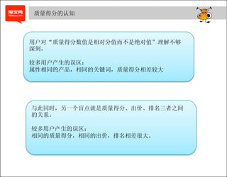 质量得分的认知



用户对“质量得分数值是相对分值而不是绝对值”理解不够
深刻。

较多用户产生的误区：
属性相同的产品，相同的关键词，质量得分相差较大




与此同时，另一个盲点就是质量得分、出价、排名三者之间
的关系。

较多用户产生的误区：
相同的质量得分，相同的出价，排名相差很大。
 