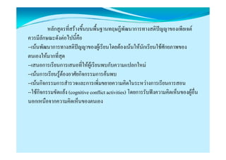 หลักสูตรที่สรȋางྺึนบนพืȨานทฤษฎีพัฒȨการทางสติปȐญญาของเพียเจตȎ
                               ้   ้
ควรมีลกษณะดังตอไปนี้คอ
        ั                    ื
--เนนพัฒนาการทางสติปญญาของผูเรียนโดยตองเนนใหนักเรียนใชศักยภาพของ
ตนเองใหมากที่สุด
--เสนอการเรียนการเสนอที่ใหผูเรียนพบกับความแปลกใหม
--เนนการเรียนรูตองอาศัยกิจกรรมการคนพบ
--เนนกิจกรรมการสํารวจและการเพิมขยายความคิดในระหวางการเรียนการสอน
                                     ่
--ใชกิจกรรมขัดแยง (cognitive conflict activities) โดยการรับฟงความคิดเห็นของผูอื่น
นอกเหนืือจากความคิดเห็นของตนเอง
                           ็
 