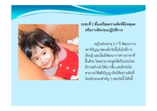 ระยะที่ 2 ขั้นเตรียมความคิดที่มีเหตุผล
  หรอการคดกอนปฏบตการ
  หรือการคิดกอนปฏิบติการ
                        ั

          อยูในชวงอายุ 2 7 ป พฒนาการ
                       2-7 ป ั
  เชาวปญญาของเด็กวัยนี้เนนไปที่การ
  เรยนรู และเรมมพฒนาการทางภาษาด
  เรียนร และเริ่มมีพัฒนาการทางภาษาดี
  ขึ้นดวย โดยสามารถพูดไดเปนประโยค
  มการสรางคาไดมากขน แตเด็กยังไม
  มีการสรางคําไดมากขึน แตเดกยงไม
                        ้
  สามารถใชสติปญญาคิดไดอยางเต็มที่
  โดยลักษณะสําคัญ ๆ ของวัยนี้ มีดังนี้
 