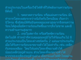 ส่วนประกอบในเครื่องใช้ไฟฟ้าทีให้พลังงานความร้อน
                                 ่
มีดังนี้
            1. ขดลวดความร้อน หรือแผ่นความร้อน มัก
ทำาจากโลหะผสมระหว่างนิเกิลกับโครเมียม เรียกว่า
นิโครม ซึงมีสมบัติคือมีจุดหลอมเหลวสูงมากจึงทนความ
            ่
ร้อนได้สูงเมือมีความร้อนเกิดขึ้นมากๆจึงไม่ขาด และมี
              ่
ความต้านทานสูงมาก
            2. เทอโมสตาร์ท หรือสวิตซ์ความร้อน
อัตโนมัติ ทำาหน้าทีควบคุมอุณหภูมไม่ให้ร้อนเกินไป มี
                    ่                  ิ
ส่วนประกอบเป็นโลหะต่างชนิดกัน 2 แผ่นมาประกบกัน
เมือได้รับความร้อนจะขยายตัวได้ไม่เท่ากัน เช่น เหล็ก
   ่
กับทองเหลือง  โดยให้แผ่นโลหะทีขยายตัวได้
                                   ่
น้อย(เหล็ก)อยู่ดานบน ส่วนโลหะทีจะขยายตัวได้
                  ้                  ่
มาก(ทองเหลือง)อยู่ดานล่าง เมือกระแสไฟฟ้าไหลผ่าน
                      ้        ่
 