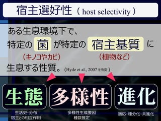 宿主選好性（ host selectivity ）
ある生息環境下で、
特定の     菌    が特定の       宿主基質                に
   （キノコやカビ）              （植物など）
生息する性質。 (Hyde et al., 2007   を改変 )




生態 多様性 進化
  生活史・分布         多様性生成要因             適応・種分化・共進化
 宿主との相互作用          種数推定
 