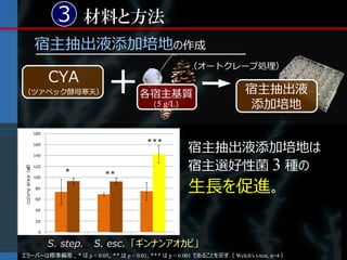 3 材料と方法
    宿主抽出液添加培地の作成

                            +
                                                        （オートクレーブ処理）
        CYA
（ツァペック酵母寒天）                            各宿主基質                               宿主抽出液
                                            (5 g/L)                        添加培地


                                                       宿主抽出液添加培地は
                                                       宿主選好性菌 3 種の
                                                       生長を促進。


        S. step.        S. esc. 「ギンナンアオカビ」
エラーバーは標準偏差 , * は p < 0.05, ** は p < 0.01, *** は p < 0.001 であることを示す（ Welch's t-test, n=4 ）
 