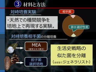 3 材料と方法
対峙培養実験             相手菌


・天然での種間競争を
培地上で再現する実験。           宿主選好性菌


対峙培養相手菌の分離培養

      MEA
    （麦芽エキス寒天）     生活史戦略の
                  似た菌を分離
      担子菌
                （ほぼ全てジェネラリスト）
     選択培地
 