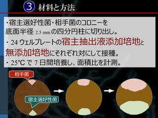 3 材料と方法
・宿主選好性菌・相手菌のコロニーを
底面半径 2.5 mm の四分円柱に切り出し。
・ 24 ウェルプレートの宿主抽出液添加培地と
無添加培地にそれぞれ対にして接種。
・ 25℃ で 7 日間培養し、面積比を計測。
 相手菌




    宿主選好性菌
 