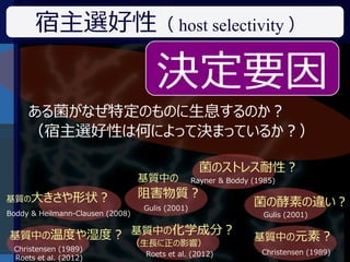 宿主選好性（ host selectivity ）

                                      決定要因
     ある菌がなぜ特定のものに生息するのか？
     （宿主選好性は何によって決まっているか？）

                                                    菌のストレス耐性 ?
                                  基質中の            Rayner & Boddy (1985)

基質の大きさや形状？
                                  阻害物質 ?
                                   Gulis (2001)
                                                                 菌の酵素の違い ?
Boddy & Heilmann-Clausen (2008)                                     Gulis (2001)


基質中の温度や湿度 ? 基質中の化学成分？                                            基質中の元素 ?
                                  （生長に正の影響）
 Christensen (1989)                                                Christensen (1989)
                                   Roets et al. (2012)
 Roets et al. (2012)
 