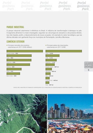 Parque industrial
O parque industrial catarinense é referência no Brasil. A indústria de transformação é destaque no país.
O segmento alimentar é o maior empregador, seguindo-se o de artigos do vestuário e o de produtos têxteis.
Isso não impede, porém, o desenvolvimento de novas vocações. Um exemplo é o setor tecnológico, que nas
últimas décadas vem ganhando força nos municípios de Florianópolis, Joinville e Blumenau.
Fontes: IBGE, Ministério do Trabalho e Emprego/Rais 2010 e Ministério do Desenvolvimento, Indústria e Comércio Exterior/Secex
Índia - 407 mi
•	Principais países das importações
catarinenses em 2011 (US$).
Estados Unidos - 992
Reino Unido - 369
China - 410
Holanda - 640
Argentina - 678
Japão - 684
China - 3,9 bi
Chile - 1,5 bi
Argentina - 1,2 bi
Estados Unidos - 987 mi
Alemanha - 685 mi
Peru - 546 mi
Coreia do Sul - 445 mi
•	Principais mercados dos produtos
catarinenses em 2011 (US$ milhões).
Comércio exterior
11
JOINVILLE I SANTA CATARINA I BRASIL
PDF compression, OCR, web optimization using a watermarked evaluation copy of CVISION PDFCompressor
 