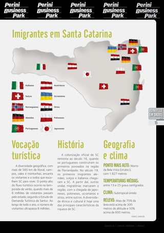 Imigrantes em Santa Catarina
Italianos
Portugueses
Austríacos
Suíços
Noruegueses
Alemães
Geografia
e clima
Ponto mais alto:Morro
da Bela Vista (Urubici),
com 1.827 metros
Temperaturas médias:
entre 13 e 25 graus centígrados.
Clima:Subtropical úmido
Relevo:Mais de 75% da
área está acima de 300
metros de altitude e 50%
acima de 600 metros.
Vocação
turística
A diversidade geográfica, com
mais de 560 km de litoral, cam-
pos, vales e montanhas, encanta
os visitantes e a todos que esco-
lhem SC para viver. O ponto alto
do fluxo turístico ocorre na tem-
porada de verão, quando mais de
6 milhões de visitantes passam
pelo estado, segundo o Estudo de
Demanda Turística da Santur. Ao
longo de todo o ano, o número de
visitantes ultrapassa 8 milhões.
História
A colonização oficial de SC
remonta ao século 16, quando
os portugueses construíram os
primeiros povoados na região
de Florianópolis. No século 19,
os primeiros imigrantes ale-
mães, suíços e italianos chega-
ram a SC. A partir daí, outras
ondas migratórias marcaram a
região, com a chegada de japo-
neses, poloneses, ucranianos e
sírios, entre outros. A diversida-
de étnica e cultural é hoje uma
das principais características da
riqueza de SC.
Fonte: Santur
Sírios
Japoneses
Poloneses
Ucranianos
15
JOINVILLE I SANTA CATARINA I BRASIL
PDF compression, OCR, web optimization using a watermarked evaluation copy of CVISION PDFCompressor
 