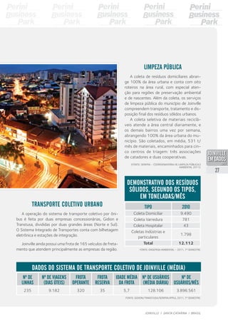 Transporte coletivo urbano
A operação do sistema de transporte coletivo por ôni-
bus é feita por duas empresas concessionárias, Gidion e
Transtusa, divididas por duas grandes áreas (Norte e Sul).
O Sistema Integrado de Transportes conta com bilhetagem
eletrônica e estações de integração.
Joinville ainda possui uma frota de 165 veículos de freta-
mento que atendem principalmente as empresas da região.
Tipo 2010
Coleta Domiciliar 9.490
Coleta Varredura 781
Coleta Hospitalar 43
Coletas Indústrias e
particulares
1.798
Total 12.112
Fonte: Engepasa Ambiental – 2011, 1º semestre.
Demonstrativo dos resíduos
sólidos, segundo os tipos,
em toneladas/mês
Limpeza pública
A coleta de resíduos domiciliares abran-
ge 100% da área urbana e conta com oito
roteiros na área rural, com especial aten-
ção para regiões de preservação ambiental
e de nascentes. Além da coleta, os serviços
de limpeza pública do município de Joinville
compreendem transporte, tratamento e dis-
posição final dos resíduos sólidos urbanos.
A coleta seletiva de materiais reciclá-
veis atende a área central diariamente, e
os demais bairros uma vez por semana,
abrangendo 100% da área urbana do mu-
nicípio. São coletados, em média, 531 t/
mês de materiais, encaminhados para cin-
co centros de triagem: três associações
de catadores e duas cooperativas.
(Fonte: Seinfra – Coordenadoria de Limpeza Pública e
Ambiental 2011).
Nº de
linhas
Nº de viagens
(dias úteis)
Frota
operante
Frota
reserva
Idade média
da frota
Nº de usuários
(média diária)
Nº de
usuários/mês
235 9.182 320 35 5,7 128.106 3.896.561
Fonte: Gidion/Transtusa/Seinfra/Ippuj, 2011, 1º semestre.
Dados do sistema de transporte coletivo de Joinville (média)
27
JOINVILLE I SANTA CATARINA I BRASIL
PDF compression, OCR, web optimization using a watermarked evaluation copy of CVISION PDFCompressor
 