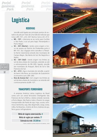 Rodovias
Joinville está ligada aos principais pontos do es-
tado e do país por meio de uma rede de rodovias que
inclui a BR-101, a SC-301 Norte e Sul e a SC-413.
•	 BR - 101 - direciona-se ao norte para Curitiba
e São Paulo, e ao sul para Itajaí, Florianópolis e
Porto Alegre.
•	 SC - 301 (Norte) - tendo como origem o tre-
vo de acesso ao Distrito de Pirabeiraba junto à
BR-101, faz a ligação entre Joinville e o Planal-
to Norte Catarinense através dos municípios de
Campo Alegre, São Bento do Sul, Rio Negrinho e
Mafra.
•	 SC - 301 (Sul) - tendo origem nos limites ao
sul da área urbana do município, estende-se até
o entroncamento da BR-280, ligando Joinville
aos municípios de Araquari, Barra do Sul e São
Francisco do Sul.
•	 SC – 413 - liga o município de Joinville, a partir
do bairro Vila Nova, ao município de Guaramirim
no encontro com a BR-280.
•	 Eixo de Acesso Sul - tem origem nos limites ao
sul da área urbana do município e se estende até
o entroncamento da BR-101.
Logística
Transporte ferroviário
A empresa América Latina Logística do Brasil
conta com um ramal ferroviário interligando São
Francisco do Sul a Mafra, e desta conexão nacional,
a Porto Alegre, São Paulo e todo o Paraná. As cargas
transportadas são farelo de soja, trigo, sucata, cerâ-
mica e bentonita, soja, óleo degomado, sorgo, aveia,
milho, fertilizantes, minério de ferro, bobinas de aço,
ferro gusa e refrigeradores.
Média de viagens comerciais/dia: 4
Média de vagões por comboio: 77
Extensão da rede: 212,00 km
Fonte: América Latina Logística do Brasil, 2009
32
PDF compression, OCR, web optimization using a watermarked evaluation copy of CVISION PDFCompressor
 