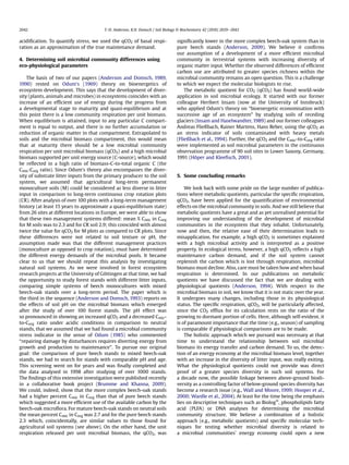 2042                                    T.-H. Anderson, K.H. Domsch / Soil Biology & Biochemistry 42 (2010) 2039e2043


acidiﬁcation. To quantify stress, we used the qCO2 of basal respi-               signiﬁcantly lower in the more complex beech-oak system than in
ration as an approximation of the true maintenance demand.                       pure beech stands (Anderson, 2009). We believe it conﬁrms
                                                                                 our assumption of a development of a more efﬁcient microbial
4. Determining soil microbial community differences using                        community in terrestrial systems with increasing diversity of
eco-physiological parameters                                                     organic matter input. Whether the observed differences of efﬁcient
                                                                                 carbon use are attributed to greater species richness within the
    The basis of two of our papers (Anderson and Domsch, 1989,                   microbial community remains an open question. This is a challenge
1990) rested on Odum’s (1969) theory on bioenergetics of                         to which we expect the molecular biologists to rise.
ecosystem development. This says that the development of diver-                      The metabolic quotient for CO2 (qCO2) has found world-wide
sity (plants, animals and microbes) in ecosystems coincides with an              application in soil microbial ecology. It started with our former
increase of an efﬁcient use of energy during the progress from                   colleague Heribert Insam (now at the University of Innsbruck)
a developmental stage to maturity and quasi-equilibrium and at                   who applied Odum’s theory on “bioenergetic economisation with
this point there is a low community respiration per unit biomass.                successive age of an ecosystem” by studying soils of receding
When equilibrium is attained, input to any particular C compart-                 glaciers (Insam and Haselwandter, 1989) and our former colleagues
ment is equal to output, and there is no further accumulation or                 Andreas Fließbach, Rainer Martens, Hans Reber, using the qCO2 as
reduction of organic matter in that compartment. Extrapolated to                 an stress indicator of soils contaminated with heavy metals
soils and the microbial biomass compartment, this would mean                     (Fließbach et al., 1994). Further, the qCO2 and the Cmic-to-Corg ratio
that at maturity there should be a low microbial community                       were implemented as soil microbial parameters in the continuous
respiration per unit microbial biomass (qCO2) and a high microbial               observation programme of 90 soil sites in Lower Saxony, Germany,
biomass supported per unit energy source (C-source), which would                 1991 (Höper and Kleeﬁsch, 2001).
be reﬂected in a high ratio of biomass-C-to-total organic C (the
Cmic:Corg ratio). Since Odum’s theory also encompasses the diver-
sity of substrate litter inputs from the primary producer to the soil            5. Some concluding remarks
system, we assumed that agricultural long-term permanent
monoculture soils (M) could be considered as less diverse in litter                  We look back with some pride on the large number of publica-
input in comparison to long-term continuous crop rotation plots                  tions where metabolic quotients, particular the speciﬁc respiration,
(CR). After analysis of over 100 plots with a long-term management               qCO2, have been applied for the quantiﬁcation of environmental
history (at least 15 years to approximate a quasi-equilibrium state)             effects on the microbial community in soils. And we still believe that
from 26 sites at different locations in Europe, we were able to show             metabolic quotients have a great and as yet unrealised potential for
that these two management systems differed: mean % Cmic in Corg                  improving our understanding of the development of microbial
for M soils was to 2.3 and for CR soil 2.9; this coincided with almost           communities in the ecosystem that they inhabit. Unfortunately,
twice the value for qCO2 for M plots as compared to CR plots. Since              now and then, the relative ease of their determination leads to
these differences were not related to soil texture or pH, the                    misapplication. For example, a high qCO2 is sometimes explained
assumption made was that the different management practices                      with a high microbial activity and is interpreted as a positive
(monoculture as opposed to crop rotation), must have determined                  property. In ecological terms, however, a high qCO2 reﬂects a high
the different energy demands of the microbial pools. It became                   maintenance carbon demand, and if the soil system cannot
clear to us that we should repeat this analysis by investigating                 replenish the carbon which is lost through respiration, microbial
natural soil systems. As we were involved in forest ecosystem                    biomass must decline. Also, care must be taken how and when basal
research projects at the University of Göttingen at that time, we had            respiration is determined. In our publications on metabolic
the opportunity to study forest stands with different litter inputs,             quotients we have discussed the fact that we are dealing with
comparing simple systems of beech monocultures with mixed                        physiological quotients (Anderson, 1994). With respect to the
beech-oak stands over a long-term period. The paper which is                     microbial biomass in soil, we know that it is not static over the year.
the third in the sequence (Anderson and Domsch, 1993) reports on                 It undergoes many changes, including those in its physiological
the effects of soil pH on the microbial biomass which emerged                    status. The speciﬁc respiration, qCO2, will be particularly affected,
after the study of over 100 forest stands. The pH effect was                     since the CO2 efﬂux for its calculation rests on the ratio of the
so pronounced in showing an increased qCO2 and a decreased Cmic-                 growing to dormant portion of cells. Here, although self-evident, it
to-Corg ratio under acidic conditions in comparison to neutral                   is of paramount importance that the time (e.g., season) of sampling
stands, that we assumed that we had found a microbial community                  is comparable if physiological comparisons are to be made.
stress indicator in the sense of Odum (1985) who commented                           The holistic approach which we pursued was necessary at that
“repairing damage by disturbances requires diverting energy from                 time to understand the relationship between soil microbial
growth and production to maintenance”. To pursue our original                    biomass its energy transfer and carbon demand. To us, the detec-
goal: the comparison of pure beech stands to mixed beech-oak                     tion of an energy economy at the microbial biomass level, together
stands, we had to search for stands with comparable pH and age.                  with an increase in the diversity of litter input, was really exiting.
This screening went on for years and was ﬁnally completed and                    What the physiological quotients could not provide was direct
the data analysed in 1998 after studying of over 1000 stands.                    proof of a greater species diversity in such soil systems. For
The ﬁndings of this extensive investigation were published recently              a decade now, the possible linkage between above-ground biodi-
in a collaborative book project (Brumme and Khanna, 2009).                       versity as a controlling factor of below-ground species diversity has
We could, indeed, show that the more complex beech-oak stands                    become a research issue (e.g., Wall and Moore, 1999; Hooper et al.,
had a higher percent Cmic in Corg than that of pure beech stands                 2000; Wardle et al., 2004). At least for the time being the emphasis
which suggested a more efﬁcient use of the available carbon by the               lies on descriptive techniques such as BiologÒ, phospholipids fatty
beech-oak microﬂora. For mature beech-oak stands on neutral soils                acid (PLFA) or DNA analyses for determining the microbial
the mean percent Cmic in Corg was 2.7 and for the pure beech stands              community structure. We believe a combination of a holistic
2.3 which, coincidentally, are similar values to those found for                 approach (e.g., metabolic quotients) and speciﬁc molecular tech-
agricultural soil systems (see above). On the other hand, the unit               niques for testing whether microbial diversity is related to
respiration released per unit microbial biomass, the qCO2, was                   a microbial communities` energy economy could open a new
 