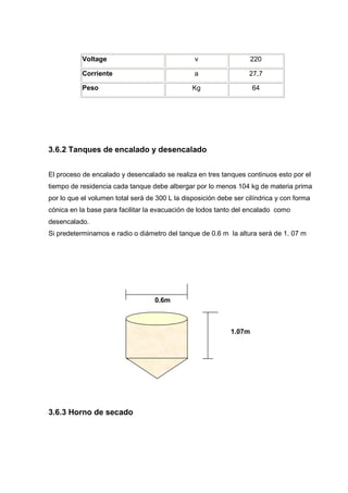 Voltage                               v                   220

           Corriente                             a                 27,7

           Peso                                 Kg                   64




3.6.2 Tanques de encalado y desencalado


El proceso de encalado y desencalado se realiza en tres tanques continuos esto por el
tiempo de residencia cada tanque debe albergar por lo menos 104 kg de materia prima
por lo que el volumen total será de 300 L la disposición debe ser cilíndrica y con forma
cónica en la base para facilitar la evacuación de lodos tanto del encalado como
desencalado.
Si predeterminamos e radio o diámetro del tanque de 0.6 m la altura será de 1. 07 m




                                   0.6m



                                                             1.07m




3.6.3 Horno de secado
 