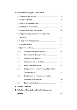 3. Desarrollo del proyecto a nivel piloto

    3.1 Descripción del proceso ...................................................          120

    3.2 Diagrama de flujo .............................................................      125

    3.3 Balance de masa y energía .............................................              127

    3.4 Condiciones de operación ..............................................              135

    3.5 Requerimiento de agua, energía ....................................                  136

    3.6 Requerimiento y descripción de maquinarias

         y equipos .......................................................................   137

    3.7 Requerimiento de personal.........................................                   142

    3.8 Servicios básicos ..........................................................         143

    3.9 Servicios auxiliares .......................................................         144

    3.10          Distribución de planta (Layout) ...........................                144

    3.11          Caracterización de los productos ........................                  144

    3.12          Generación de residuos .....................................               147

    3.13          Reproductividad de resultados ............................                 147

    3.14          Indicadores de eficiencia .....................................            148

    3.15          Comparación de consumos específicos teóricos

                  con las prácticas .................................................        149

    3.16          Comparación de generación de residuos

                  Teóricos con las prácticas..................................               150

    3.17          Documentación de apoyo...................................                  150

4. Análisis Financiero ..........................................................            151

5. Estudio de Mercado (para la harina de cuernos y

    pezuñas ............................................................................     164
 