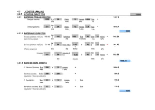 4.2    COSTOS (ANUAL)
4.2.1 COSTOS DIRECTOS                                                                                                                             11834
4.2.1   MATERIAS PRIMAS DIRECTAS                                                                                            1497.6
          Sangre vacuna:   1200 lt x                   26         días x      12       meses 0.004 $us      =
                                 día                               mes                 año         1lt

                                                 Kgr
             Anticongelante:               3.7    x    26         días x      12       meses   3.5   $us    =               4040.4
                                                 día               mes                 1 año         1 Kg
                                                                                                                                           5538
4.2.1.1 MATERIALES DIRECTOS
                                                 Kgr
        Envases polietileno (100 um):   150.62    =    151       bolsas x   0.02        $us     26   días   12 meses    =   942.24
        (para horina y sangre)                   día               día                 1 bolsas       mes       1 año

                                                 Kgr                                                 dias
        Envases polietileno (100 um):    57.98 =       58    bolsas x $us   0.02         x     26    x      12 meses    =   361.92
                                                                              1
        (Plasma sanguineo)                       día               dia      bolsa                    mes         año

                           Etiquetas:                        )etiquetas x                            dias
                                    (    151       +   58    $us              0.01       x     26    x      12 meses    =   652.08

                                                       dia                  etiqueta                 mes         año
                                                                                                                                     1956.24
4.2.1.3 MANO DE OBRA DIRECTA

        1 Técnico Químico: $us           250       x   12    meses             =                                            3000.0
                          mes                                1 año

        Beneficios sociales:   $us(      250       +   250   )                 =                                             500.0
        (Aguinaldo + Reserva sueldo/año)

        1 Ayudante :           $us         60      x   12        meses         =        $us                                  720.0
                               mes                               1año

        Beneficios sociales : $us(         60      +   60    )                 =        $us                                  120.0
        (Aguinaldo + Reserva sueldo/año)
                                                                                                                                           4340
 