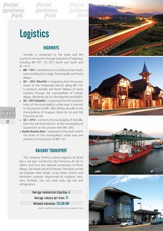 HIGHWAYS
Joinville is connected to the state and the
country’s main points through a network of highways
including BR-101, SC-301 North and South and
SC-413.
•	 BR-101- northbound to Curitiba and São Paulo,
and southbound to Itajai, Florianopolis and Porto
Alegre.
•	 SC - 301 (North) – originating from the access
clover of the Pirabeiraba District along BR-101
it connects Joinville and North Plateau of Santa
Catarina through the municipalities of Campo
Alegre, São Bento do Sul, Rio Negrinho and Mafra.
•	 SC-301(South)-originating from the southern
limits of the municipality’s urban area, it extends
to the junction of BR-280, linking Joinville to the
municipalities of Araquari, Barra do Sul and São
Francisco do Sul
•	 SC–413- connects the municipality of Joinville,
from the Vila Nova district, to the municipality of
Guaramirim at the junction with BR-280.
• South Access Axis - originates in the south within
the limits of the municipality’s urban area and
extends to the junction of BR-101.
Logistics
RAILWAY TRANSPORT
The company América Latina Logística do Brasil
has a rail spur connecting São Francisco do Sul to
Mafra, and from this national connection, to Porto
Alegre, São Paulo and all of Paraná. The loads carried
are soybean meal, wheat, scrap metal, ceramic and
bentonite, soybean, degummed oil, sorghum, oats,
corn, fertilizer, iron ore, steel coils, pig iron and
refrigerators.
Average commercial trips/day: 4
Average railcars per train: 77
Network extension: 212.00 km
SOURCE: AMÉRICA LATINA LOGÍSTICA DO BRASIL, 2009
32
2013
 