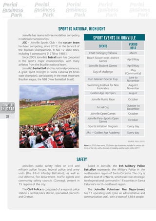 Joinville’s public safety relies on civil and
military police forces, federal police and army
units (the 62nd Infantry Battalion), as well as
civil defense, fire department, traffic agents and
community safety councils (Conseg), present in
15 regions of the city.
The Civil Police is composed of a regional police
station, a central police station, specialized precincts
and Ciretran.
EVENTS
PERIOD
HELD
Child Fishing Gymkhana March
Beach Soccer Inter-district
Games
April/May
Joinville Student Games April/May
Day of challenge
May
(Community)
Kurt Meinert Soccer Cup
June to
November
Swimming Festival for Non
Federates
August/
November
Golden Age Olympics August
Joinville Rustic Race October
Futsal Cup
October to
December
Joinville Open Games October
Joinville Para-Sports Open
Games
October
Sports Initiation Program Every day
AMI – Golden Age Academy Every day
SOURCE: FELEJ, 2010.
Note: in 2010 there were 31 Golden Age Academies installed in various dis-
tricts of the city, with a forecast of installing another eight, still in 2011.
SPORT EVENTS IN JOINVILLE
Joinville has teams in three modalities competing
in national championships.
JEC - Joinville Sports Club - the soccer team
has been competing, since 2012, in the Series B of
the Brazilian Championship. It has 12 state titles,
including 8 consecutive (1978 to 1985).
Since 2005 Joinville’s futsal team has competed
in the sport’s major championships, with many
athletes from the Brazilian national team.
Joinville’sbasketballalsohasnationalprominence.
A great sport strength in Santa Catarina (9 times
state champion), participating in the most important
Brazilian league, the NBB (New Basketball Brazil).
Based in Joinville, the 8th Military Police
Battalion represents the Military Police in the
northeastern region of Santa Catarina. The city is
also the seat of CPNorte, which exercises strategic
level operational command in 16 counties in Santa
Catarina’s north-northeast region.
The Joinville Volunteer Fire Department
has 11 operating units (plus an administrative and
communication unit), with a team of 1,884 people.
SAFETY
SPORT IS NATIONAL HIGHLIGHT
38
2013
 