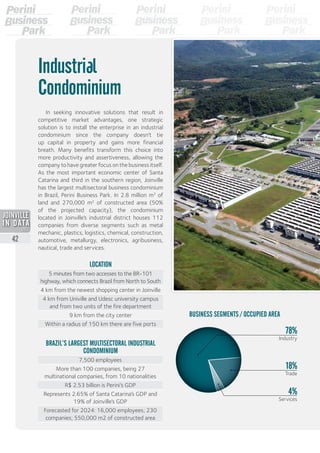 In seeking innovative solutions that result in
competitive market advantages, one strategic
solution is to install the enterprise in an industrial
condominium since the company doesn’t tie
up capital in property and gains more financial
breath. Many benefits transform this choice into
more productivity and assertiveness, allowing the
company to have greater focus on the business itself.
As the most important economic center of Santa
Catarina and third in the southern region, Joinville
has the largest multisectoral business condominium
in Brazil, Perini Business Park. In 2.8 million m2
of
land and 270,000 m2
of constructed area (50%
of the projected capacity), the condominium
located in Joinville’s industrial district houses 112
companies from diverse segments such as metal
mechanic, plastics, logistics, chemical, construction,
automotive, metallurgy, electronics, agribusiness,
nautical, trade and services.
BUSINESS SEGMENTS / OCCUPIED AREA
4%
Services
78%
Industry
18%
Trade
7,500 employees
More than 100 companies, being 27
multinational companies, from 10 nationalities
R$ 2.53 billion is Perini’s GDP
Represents 2.65% of Santa Catarina’s GDP and
19% of Joinville’s GDP
Forecasted for 2024: 16,000 employees; 230
companies; 550,000 m2 of constructed area
BRAZIL’S LARGEST MULTISECTORAL INDUSTRIAL
CONDOMINIUM
5 minutes from two accesses to the BR-101
highway, which connects Brazil from North to South
4 km from the newest shopping center in Joinville
4 km from Univille and Udesc university campus
and from two units of the fire department
9 km from the city center
Within a radius of 150 km there are five ports
LOCATION
Industrial
Condominium
42
2013
 