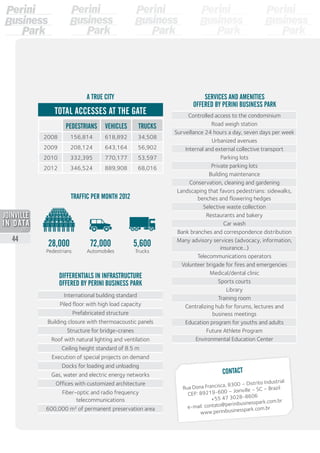 SERVICES AND AMENITIES
OFFERED BY PERINI BUSINESS PARK
Controlled access to the condominium
Road weigh station
Surveillance 24 hours a day, seven days per week
Urbanized avenues
Internal and external collective transport
Parking lots
Private parking lots
Building maintenance
Conservation, cleaning and gardening
Landscaping that favors pedestrians: sidewalks,
benches and flowering hedges
Selective waste collection
Restaurants and bakery
Car wash
Bank branches and correspondence distribution
Many advisory services (advocacy, information,
insurance...)
Telecommunications operators
Volunteer brigade for fires and emergencies
Medical/dental clinic
Sports courts
Library
Training room
Centralizing hub for forums, lectures and
business meetings
Education program for youths and adults
Future Athlete Program
Environmental Education Center
CONTACT
Rua Dona Francisca, 8300 – Distrito Industrial
CEP: 89219-600 – Joinville – SC – Brazil
+55 47 3028-8606
e-mail: contato@perinibusinesspark.com.br
www.perinibusinesspark.com.br
International building standard
Piled floor with high load capacity
Prefabricated structure
Building closure with thermoacoustic panels
Structure for bridge-cranes
Roof with natural lighting and ventilation
Ceiling height standard of 8.5 m
Execution of special projects on demand
Docks for loading and unloading
Gas, water and electric energy networks
Offices with customized architecture
Fiber-optic and radio frequency
telecommunications
600,000 m² of permanent preservation area
PEDESTRIANS VEHICLES TRUCKS
2008 156,814 618,892 34,508
2009 208,124 643,164 56,902
2010 332,395 770,177 53,597
2012 346,524 889,908 68,016
A TRUE CITY
DIFFERENTIALS IN INFRASTRUCTURE
OFFERED BY PERINI BUSINESS PARK
Total accesses at the gate
TRAFFIC PER MONTH 2012
28,000
Pedestrians
5,600
Trucks
72,000
Automobiles
44
2013
 