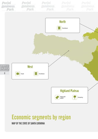 Economic segments by region
Food
West
Highland Plateau
North
Furniture
Furniture
Forestry
Pulp and
paper
MAP OF THE STATE OF SANTA CATARINA
8
2013
 