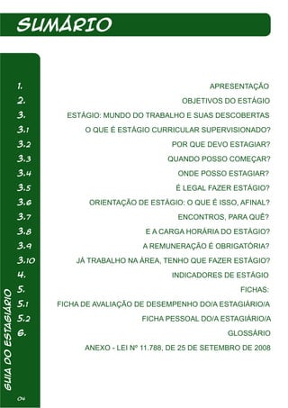 SUMÁRIO
1.	 APRESENTAÇÃO
2.	 OBJETIVOS DO ESTÁGIO
3.	 ESTÁGIO: MUNDO DO TRABALHO E SUAS DESCOBERTAS
3.1	 O QUE É ESTÁGIO CURRICULAR SUPERVISIONADO?
3.2	 POR QUE DEVO ESTAGIAR?
3.3	 QUANDO POSSO COMEÇAR?
3.4	 ONDE POSSO ESTAGIAR?
3.5	 É LEGAL FAZER ESTÁGIO?
3.6	 ORIENTAÇÃO DE ESTÁGIO: O QUE É ISSO, AFINAL?
3.7	 ENCONTROS, PARA QUÊ?
3.8	 E A CARGA HORÁRIA DO ESTÁGIO?
3.9	 A REMUNERAÇÃO É OBRIGATÓRIA?
3.10	 JÁ TRABALHO NA ÁREA, TENHO QUE FAZER ESTÁGIO?
4.	 INDICADORES DE ESTÁGIO
5.	 FICHAS:
5.1	 FICHA DE AVALIAÇÃO DE DESEMPENHO DO/A ESTAGIÁRIO/A
5.2 FICHA PESSOAL DO/A ESTAGIÁRIO/A
6.	 GLOSSÁRIO
ANEXO - LEI Nº 11.788, DE 25 DE SETEMBRO DE 2008
GuiadoEstagiário
04
 