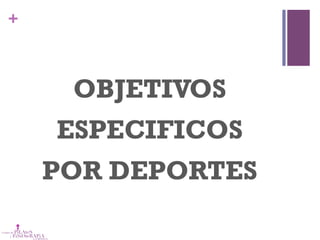 +
OBJETIVOS
ESPECIFICOS
POR DEPORTES
 