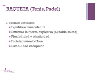 +
RAQUETA (Tenis, Padel)
n  OBJETIVOS CONCRETOS:
n Equilibrar musculatura.
n Entrenar la fuerza explosiva (ej: tabla saltos)
n Flexibilidad y elasticidad
n Fortalecimiento Core
n Estabilidad escapular
 