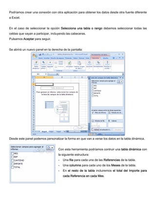 Podríamos crear una conexión con otra aplicación para obtener los datos desde otra fuente diferente
a Excel.
En el caso de seleccionar la opción Selecciona una tabla o rango debemos seleccionar todas las
celdas que vayan a participar, incluyendo las cabeceras.
Pulsamos Aceptar para seguir.
Se abrirá un nuevo panel en la derecha de la pantalla:
Desde este panel podemos personalizar la forma en que van a verse los datos en la tabla dinámica.
Con esta herramienta podríamos contruir una tabla dinámica con
la siguiente estructura:
- Una fila para cada una de las Referencias de la tabla.
- Una columna para cada uno de los Meses de la tabla.
- En el resto de la tabla incluiremos el total del Importe para
cada Referencia en cada Mes.
 
