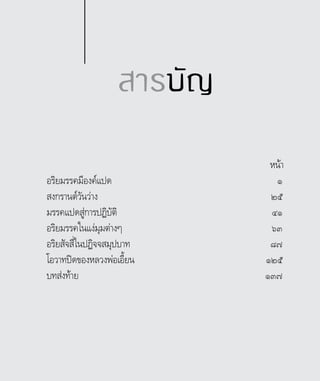 หน้า
อริยมรรคมีองค์แปด	 ๑
สงกรานต์วันว่าง	 ๒๕	
มรรคแปดสู่การปฏิบัติ	 ๔๑	
อริยมรรคในแง่มุมต่างๆ	 ๖๓	
อริยสัจสี่ในปฏิจจสมุปบาท 	 ๘๗	
โอวาทปิดของหลวงพ่อเอี้ยน	 ๑๒๕	
บทส่งท้าย	 ๑๓๗
สารบัญ
 