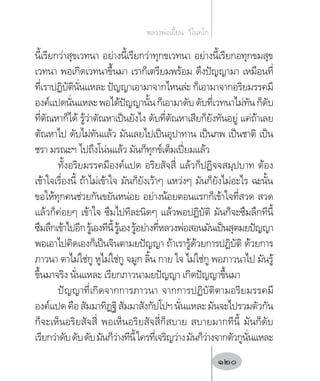 นี้เรียกว่าสุขเวทนา อย่างนี้เรียกว่าทุกขเวทนา อย่างนี้เรียกอทุกขมสุข
เวทนา พอเกิดเวทนาขึ้นมา เราก็เตรียมพร้อม ดึงปัญญามา เหมือนที่
ที่เราปฏิบัตินั่นแหละ ปัญญาเอามาจากไหนล่ะ ก็เอามาจากอริยมรรคมี
องค์แปดนั่นแหละพอได้ปัญญานั้นก็เอามาดับดับที่เวทนาไม่ทันก็ดับ
ที่ตัณหาก็ได้ รู้ว่าตัณหาเป็นยังไง ดับที่ตัณหาเสียก็ยังทันอยู่ แค่ถ้าเลย
ตัณหาไป ดับไม่ทันแล้ว มันเลยไปเป็นอุปาทาน เป็นภพ เป็นชาติ เป็น
ชรา มรณะฯ ไปถึงโน่นแล้ว มันก็ทุกข์เต็มเปี่ยมแล้ว
ทั้งอริยมรรคมีองค์แปด อริยสัจสี่ แล้วก็ปฏิจจสมุปบาท ต้อง
เข้าใจเรื่องนี้ ถ้าไม่เข้าใจ มันก็ยังเว้าๆ แหว่งๆ มันก็ยังไม่อะไร ฉะนั้น
ขอให้ทุกคนช่วยกันขยันหน่อย อย่างน้อยตอนแรกก็เข้าใจที่สวด สวด
แล้วก็ค่อยๆ เข้าใจ ซึมไปทีละนิดๆ แล้วพอปฏิบัติ มันก็จะซึมลึกทีนี้
ซึมลึกเข้าไปอีกรู้เองทีนี้รู้เองรู้อย่างที่หลวงพ่อสอนมันเป็นสุตมยปัญญา
พอเอาไปคิดเองก็เป็นจินตามยปัญญา ถ้าเรารู้ด้วยการปฏิบัติ ด้วยการ
ภาวนา ตาไม่ใช่กู หูไม่ใช่กู จมูก ลิ้น กาย ใจ ไม่ใช่กู พอภาวนาไป มันรู้
ขึ้นมาจริง นั่นแหละ เรียกภาวนามยปัญญา เกิดปัญญาขึ้นมา
ปัญญาที่เกิดจากการภาวนา จากการปฏิบัติตามอริยมรรคมี
องค์แปดคือสัมมาทิฏฐิสัมมาสังกัปโปฯนั่นแหละมันจะไปรวมตัวกัน
ก็จะเห็นอริยสัจสี่ พอเห็นอริยสัจสี่ก็สบาย สบายมากทีนี้ มันก็ดับ
เรียกว่าดับดับดับมันก็ว่างทีนี้ใครที่เจริญว่างมันก็ว่างจากตัวกูนั่นแหละ
หลวงพ่อเอี้ยน  วิโนทโก
120
 