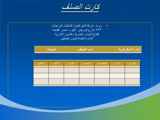 ‫كارت الصنف‬
‫•‬

‫س.ت شركة النيل لتجارة كماليات الدراجات‬
‫299 شارع كورنيش النيل – مصر القديمة‬
‫قطاع الموارد البشرية والشئون اإلدارية‬
‫اإلدارة العامة لشئون العاملين‬

‫إدارة السكرتارية‬
‫التاريخ‬

‫الوارد‬

‫اسم الصنف‬
‫المنصرف‬

‫الرصيد‬

‫الوحدة‬
‫البيان‬

‫االسم‬

‫التوقيع‬

 