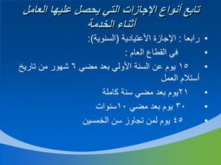 ‫تابع أنواع اإلجازات التي يحصل عليها العامل‬
‫أثناء الخدمة‬
‫•‬
‫•‬
‫•‬
‫•‬
‫•‬
‫•‬

‫رابعا : اإلجازة األعتيادية (السنوية):‬
‫في القطاع العام :‬
‫51 يوم عن السنة األولي بعد مضي 6 شهور من تاريخ‬
‫أستالم العمل‬
‫12يوم بعد مضي سنة كاملة‬
‫03 يوم بعد مضي 01سنوات‬
‫54 يوم لمن تجاوز سن الخمسين‬

 