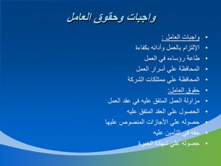 ‫واجبات وحقوق العامل‬
‫•‬
‫•‬
‫•‬
‫•‬
‫•‬
‫•‬
‫•‬
‫•‬
‫•‬
‫•‬
‫•‬

‫واجبات العامل :‬
‫اإللتزام بالعمل وأدائه بكفاءة‬
‫طاعة رؤساءه في العمل‬
‫المحافظة علي أسرار العمل‬
‫المحافظة علي ممتلكات الشركة‬
‫حقوق العامل:‬
‫مزاولة العمل المتفق عليه في عقد العمل‬
‫الحصول علي العقد المتفق عليه‬
‫حصوله علي األجازات المنصوص عليها‬
‫حقه في التأمين عليه‬
‫حصوله علي شهادة الخبرة‬

 
