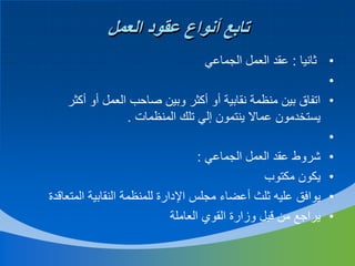 ‫تابع أنواع عقود العمل‬
‫• ثانيا : عقد العمل الجماعي‬
‫•‬
‫• اتفاق بين منظمة نقابية أو أكثر وبين صاحب العمل أو أكثر‬
‫يستخدمون عماال ينتمون إلي تلك المنظمات .‬
‫•‬
‫• شروط عقد العمل الجماعي :‬
‫• يكون مكتوب‬
‫• يوافق عليه ثلث أعضاء مجلس اإلدارة للمنظمة النقابية المتعاقدة‬
‫• يراجع من قبل وزارة القوي العاملة‬

 