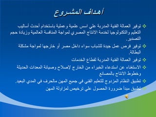 ‫أهـداف المشـروع‬
‫‪ ‬توفير العمالة الفنية المدربة علي اسس علمية وعملية باستخدام أحدث أساليب‬
‫التعليم والتكنولوجيا لخدمة االنتاج المصري لمواجة المنافسة العالمية وزيادة حجم‬
‫التصدير.‬
‫‪ ‬توفير فرص عمل جيدة للشباب سواء داخل مصر أو خارجها لمواجة مشكلة‬
‫البطالة.‬
‫‪ ‬توفير العمالة الفنية المدربة لقطاع الخدمات‬
‫‪ ‬االستغناء عن استدعاء الخبراء من الخارج إلصالح وصيانة المعدات الحديثة‬
‫وخطوط االنتاج بالمصانع‬
‫‪ ‬تطبيق النظام المزدوج للتعليم الفني في جميع المهن مالحرف في المدي البعيد.‬
‫‪ ‬تطبيق مبدأ ضرورة الحصول علي ترخيص لمزاولة المهن‬

 