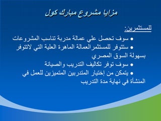 ‫مزايا مشروع مبارك كول‬
‫للمستثمرين:‬
‫‪ ‬سوف تحصل علي عمالة مدربة تناسب المشروعات‬
‫‪ ‬ستتوفر للمستثمرالعمالة الماهرة العلية التي التتوفر‬
‫بسهولة السوق المصري‬
‫‪ ‬سوف توفر تكاليف التدريب والصيانة‬
‫‪ ‬يتمكن من إختيار المتدربين المتميزين للعمل في‬
‫المنشأة في نهاية مدة التدريب‬

 