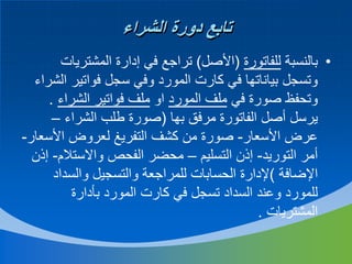 ‫تابع دورة الشراء‬
‫• بالنسبة للفاتورة (األصل) تراجع في إدارة المشتريات‬
‫وتسجل بياناتها في كارت المورد وفي سجل فواتير الشراء‬
‫وتحفظ صورة في ملف المورد او ملف فواتير الشراء .‬
‫يرسل أصل الفاتورة مرفق بها (صورة طلب الشراء –‬
‫عرض األسعار- صورة من كشف التفريغ لعروض األسعار-‬
‫أمر التوريد- إذن التسليم – محضر الفحص واالستالم- إذن‬
‫اإلضافة )إلدارة الحسابات للمراجعة والتسجيل والسداد‬
‫للمورد وعند السداد تسجل في كارت المورد بأدارة‬
‫المشتريات .‬

 