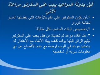‫قبل جدولة المواعيد يجب علي السكرتير مراعاة‬
‫اآلتي‬
‫• 1.أن يكون السكرتير علي علم باألوقات التي يفضلها المدير‬
‫لمقابلة الزوار‬
‫• 2.تخصيص الوقت المناسب لكل مقابلة‬
‫• 3.عند ألغاء موعد تم تحديدة من قبل يجب علي السكرتير‬
‫تبليغ الزائر قبلها بوقت كاف بهذا األلغاء مع األعتذار له‬
‫وتحديد موعد في أقرب فرصة مع عدم األفصاح عن أي‬
‫معلومات سرية أو شخصية‬

 