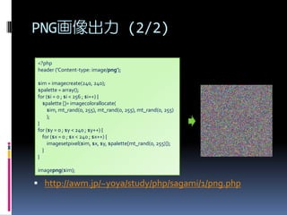 PNG (2/2)
<?php
header ('Content-type: image/png');
$im = imagecreate(240, 240);
$palette = array();
for ($i = 0 ; $i < 256 ; $i++) {
$palette []= imagecolorallocate(
$im, mt_rand(0, 255), mt_rand(0, 255), mt_rand(0, 255)
);
}
for ($y = 0 ; $y < 240 ; $y++) {
for ($x = 0 ; $x < 240 ; $x++) {
imagesetpixel($im, $x, $y, $palette[mt_rand(0, 255)]);
}
}
imagepng($im);

? http://awm.jp/~yoya/study/php/sagami/1/png.php

 