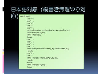 ձZ (koꌝ
)
switch ($c) {
case '`':
case '':
case 'D':
case '\':
case '':
$this->Rotate(90, $x+$fontSize*1.1, $y-$fontSize*1.1);
$this->Text($x, $y, $c);
$this->Rotate(0);
break;
case '':
case '':
case '':
case '':
$this->Text($x + $fontSize*1.5, $y - $fontSize*2, $c);
break;
case '':
case '':
$this->Text($x + $fontSize*1.5, $y, $c);
break;
default:
$this->Text($x, $y, $c);
break;

 